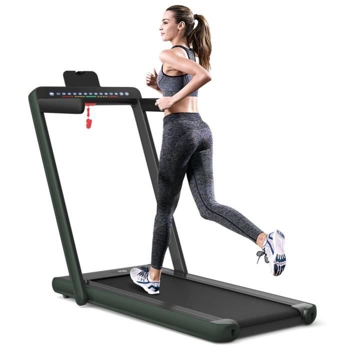 Cinta de correr plegable silenciosa GYMAX con 2 pantallas LED, control remoto y aplicación, soporte para teléfono, para uso doméstico, color verde.