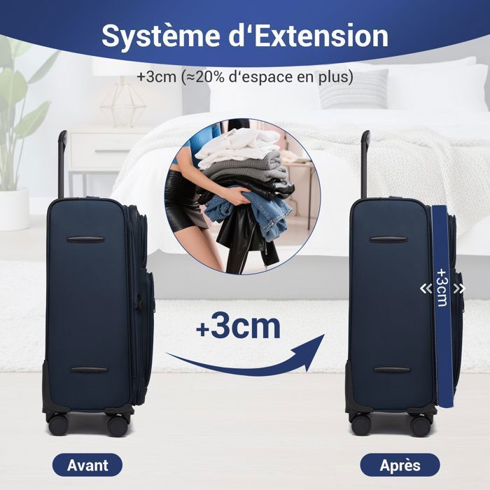 British Traveller Valise Cabine 57.5x37.5x25cm Extensible Souple Bagage à Main Léger avec Serrure TSA et 4 Roues, 40.5L, Marine