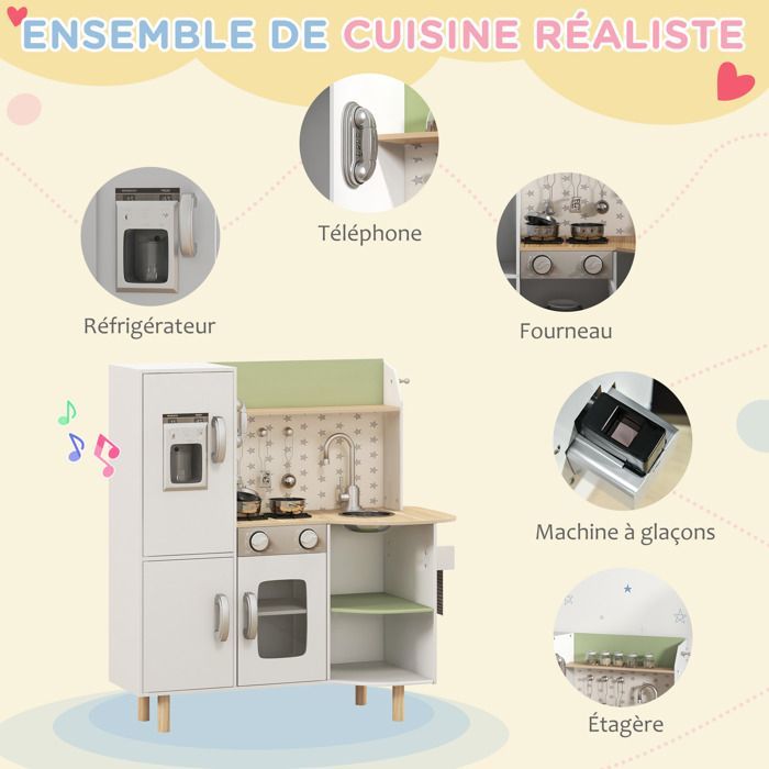 Kinderkeuken - AIYAPLAY - Houten fantasiespeelset met ijsmachine, gootsteen en keukengerei - Hout - 84x34x89cm - Wit