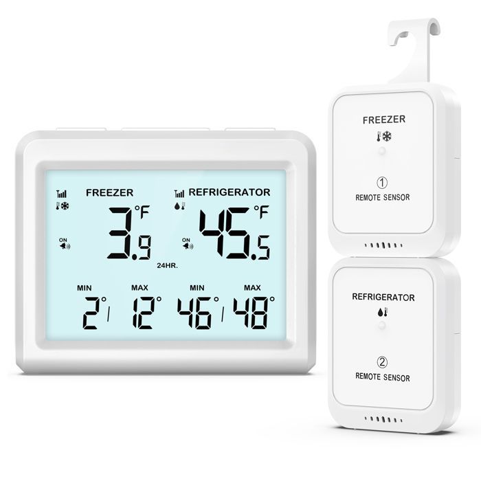 Thermomètre de Frigo Congélateur, Thermomètre de Réfrigérateur Sans Fil avec 2 Capteurs, Alarme Sonore, Min/Max