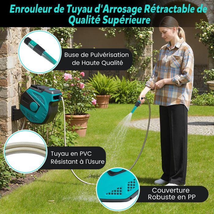 Enrouleur de Tuyau d'Arrosage Rétractable Mural 20m COSTWAY-Support Pivotant à 180°-Diamètre 16mm-Kit Complet-Buse de Pulvérisation