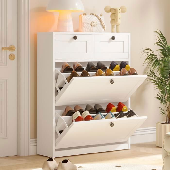Zapatero - VOWNER - Mueble de almacenamiento de zapatos para recibidor, 80 x 100 x 24 cm - Blanco