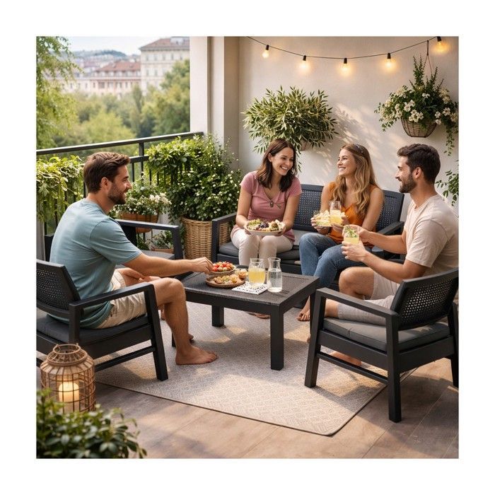 Conjunto de muebles de jardín para 4 personas, gris antracita: sofá de 2 plazas + 2 sillones + mesa de centro + 4 cojines KZ GARDEN
