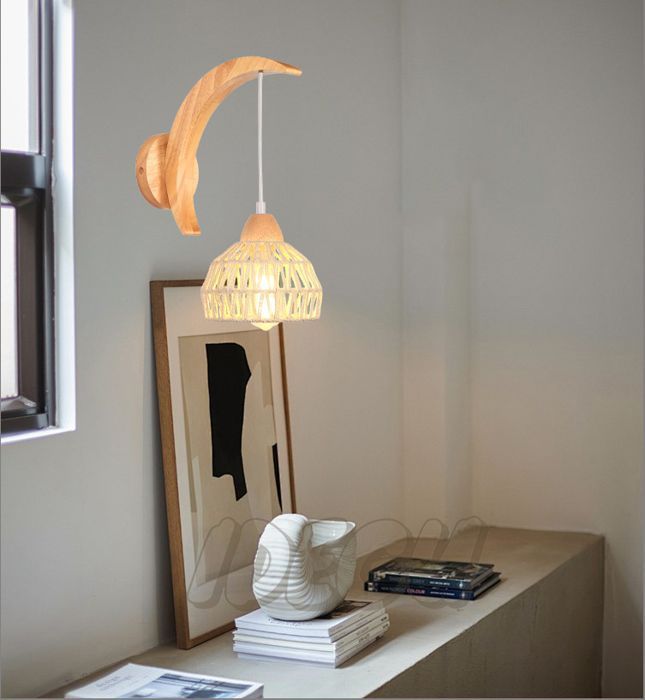 IDEGU Applique Murale Intérieure en Bois et Rotin Suspension Luminaire Industrielle Design Croissant E27 Lampe Mural Réglable,Blanc