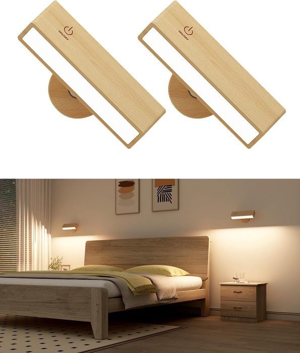 Set of 2 Bedside Lamps - Wireless Wall Lights - Rechargeable, LED, Wood - Wireless Wall Lamp, Wireless LED Wall Lamp