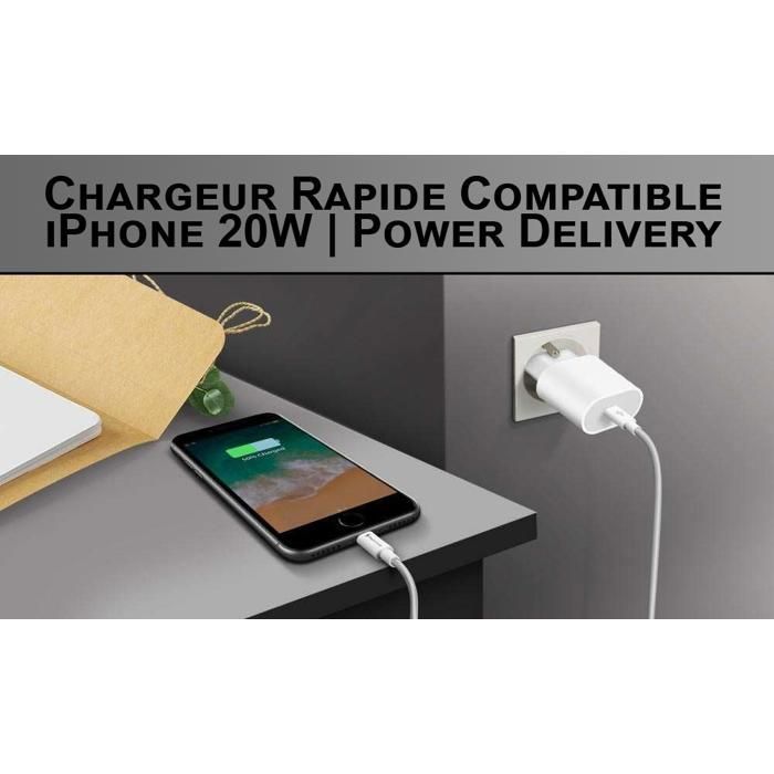 Carregador rápido de 20 W compatível com iPhone 14/13/12/11/X - Cabo USB-C para Lightning de 1 m | Loja Aginji® França