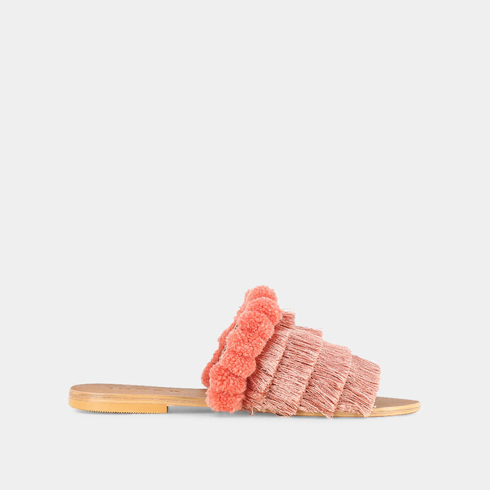 Mules en tissu rose  à franges
