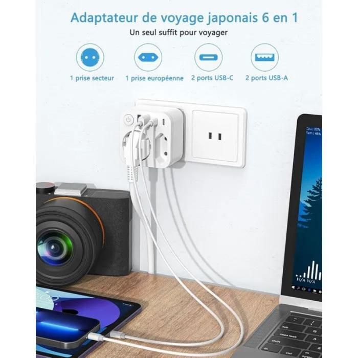 Enchufe de viaje internacional - Conector de viaje de Francia a Japón con 4 puertos USB - Adaptador de viaje