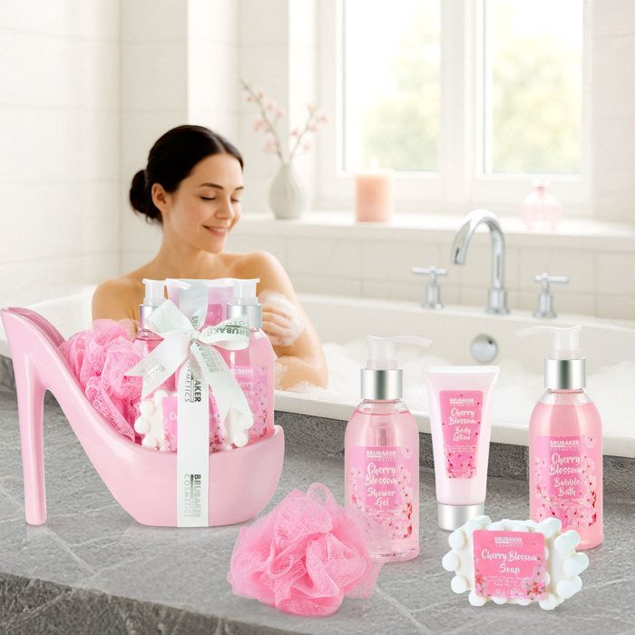 BRUBAKER Cosmetics - Coffret de bain & beauté - Fleur de cerisier - 6 Pièces - Escarpin décoratif - Rose - Idée cadeau Femme
