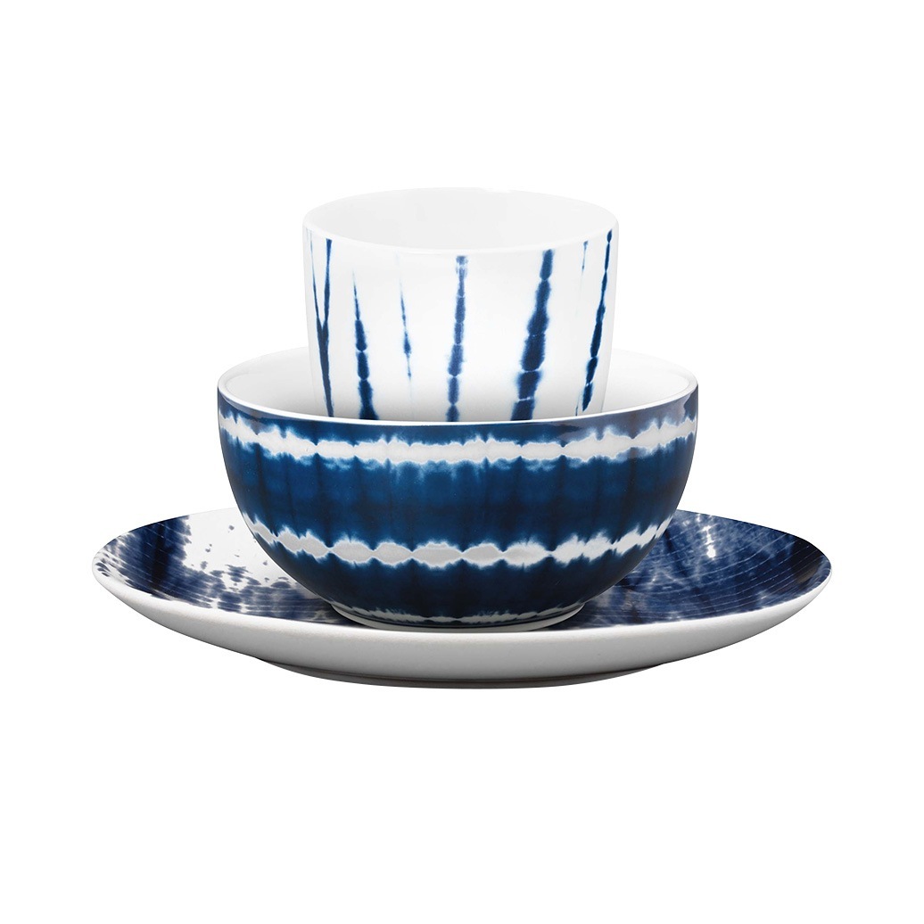 vtwonen Tie Dye Frühstücksset (3er-Set) – Blau, Weiß