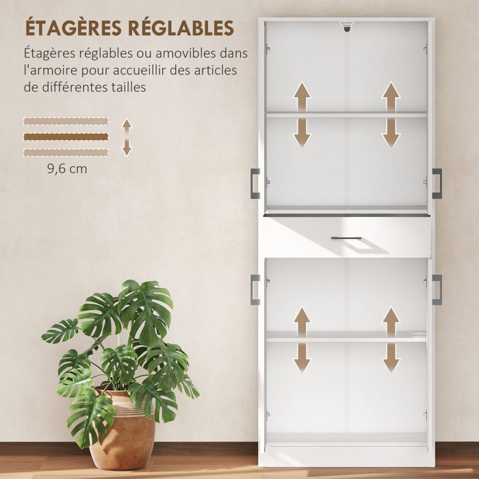 Aparador de cocina - HOMCOM - aparador alto con 2 estantes ajustables, 4 puertas y 1 cajón - madera - altura 180 cm - blanco