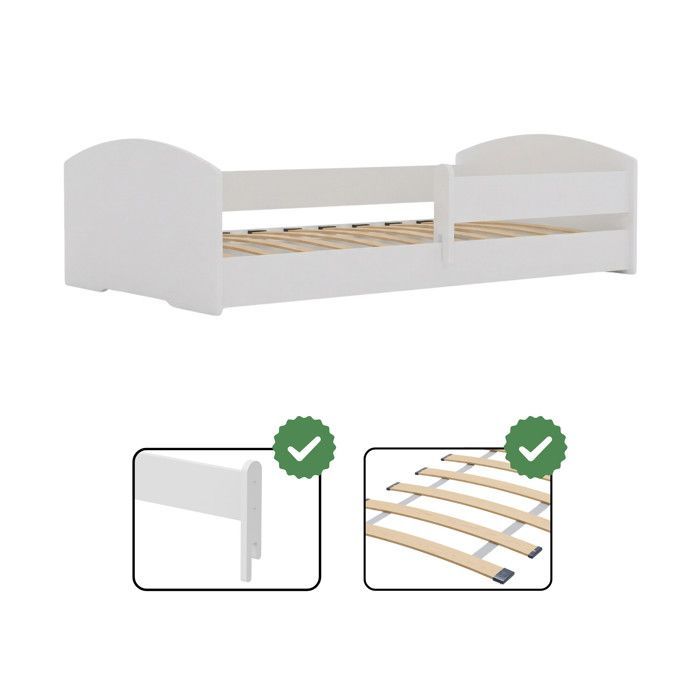 Cama infantil Montessori LEO de 140x70 cm con barandilla de seguridad – Cama baja para niños, color blanco.