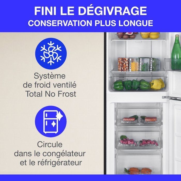 Réfrigérateur congélateur bas CONTINENTAL EDISON - 251L -Total No Frost(Sans givre) - Noir - L 54 cm x H 180 cm