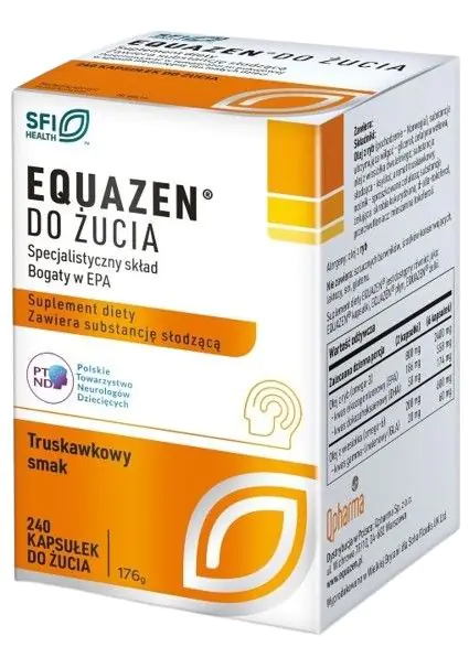 Equazen, Suplement diety z olejem z ryb morskich i z wiesiołka, Kapsułki do żucia, Smak truskawkowy