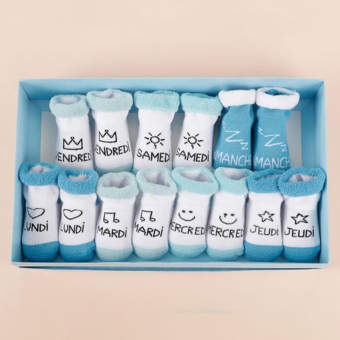 Calcetines para bebé XX Small 36-1E-011, Días de la semana, juego de 7 pares, talla 0-6 meses, blanco y azul, algodón, poliéster y elastano.