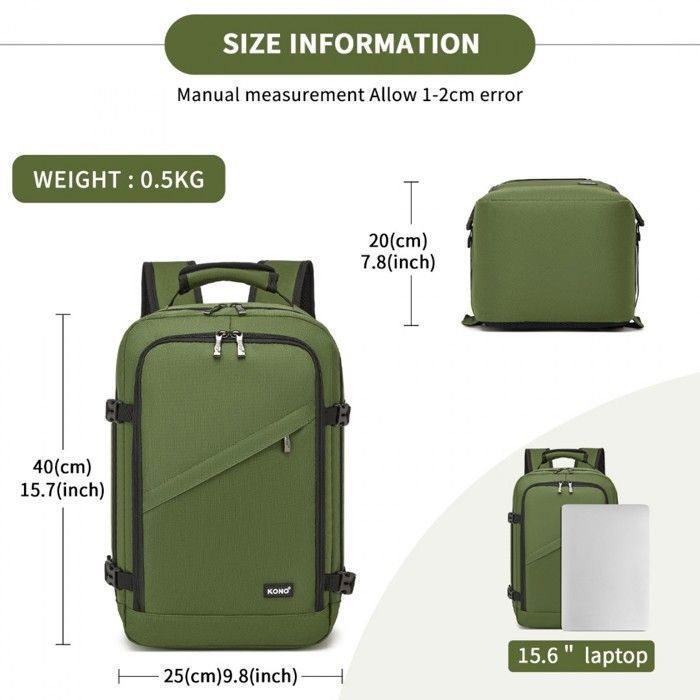 Kono Resväska 40x20x25cm Ryanair Ryggsäck 20L Handbagage för Flygresor Under Sätet för Damer och Män, Grön