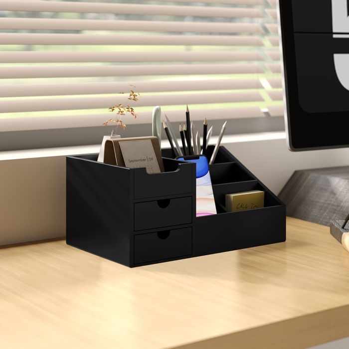 Organiseur de bureau - HOMCOM - boîte de rangement 7 compartiments 2 tiroirs mobilier travail - bambou - noir