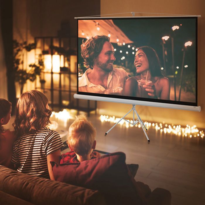 Pantalla de proyección - HOMCOM - 100 pulgadas 4K HD 16:9, proyector de vídeo plegable con trípode ajustable - acero - blanco