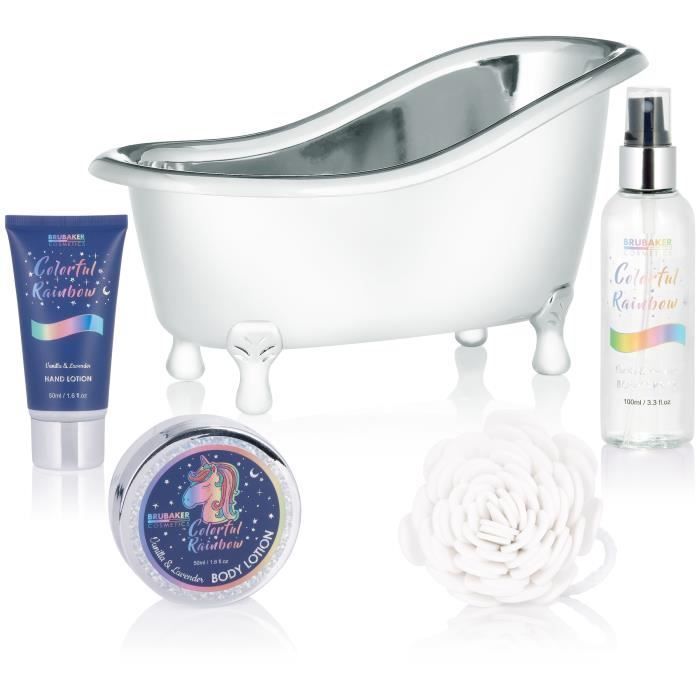BRUBAKER Cosmetics - Bad- en beautyset - Kleurrijke regenboog - 8-delig - Vanille-lavendel - met decoratief badje
