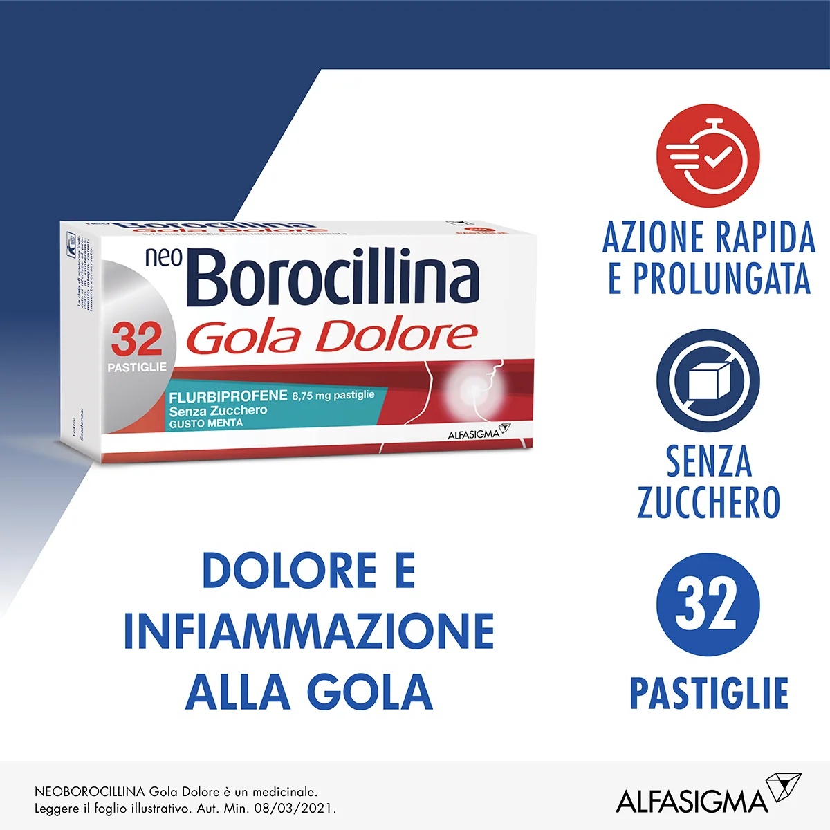Neo Borocillina Halsschmerzen 8,75 mg zuckerfreie Minz-Lutschtablette 32 Lutschtabletten Halsschmerzen und Entzündungen