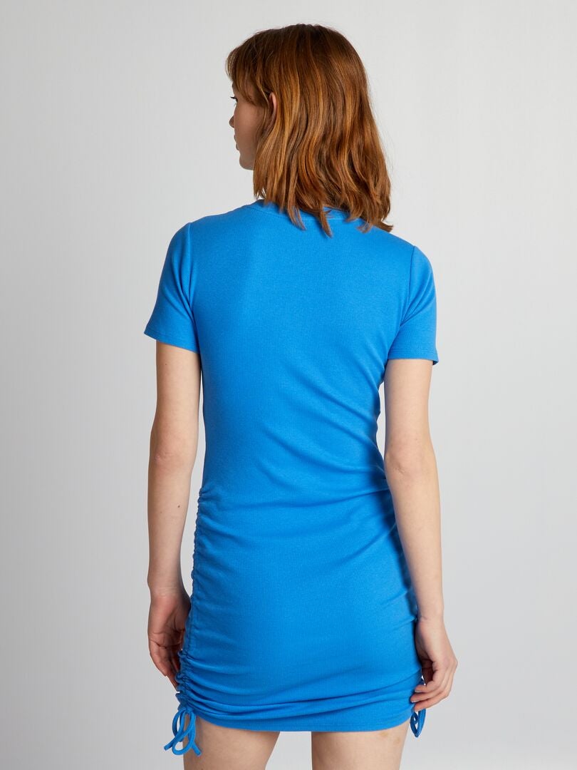 Vestido canelado com cordões laterais - AZUL