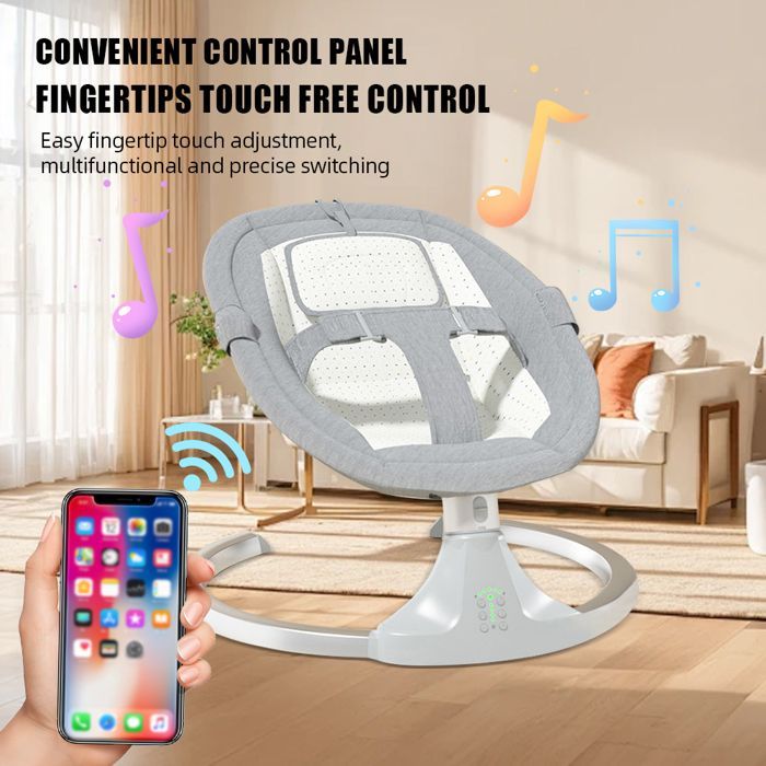 Electric baby swing, 3 adjustable speeds, remote control, Bluetooth, smart timer, rocking chair, grey