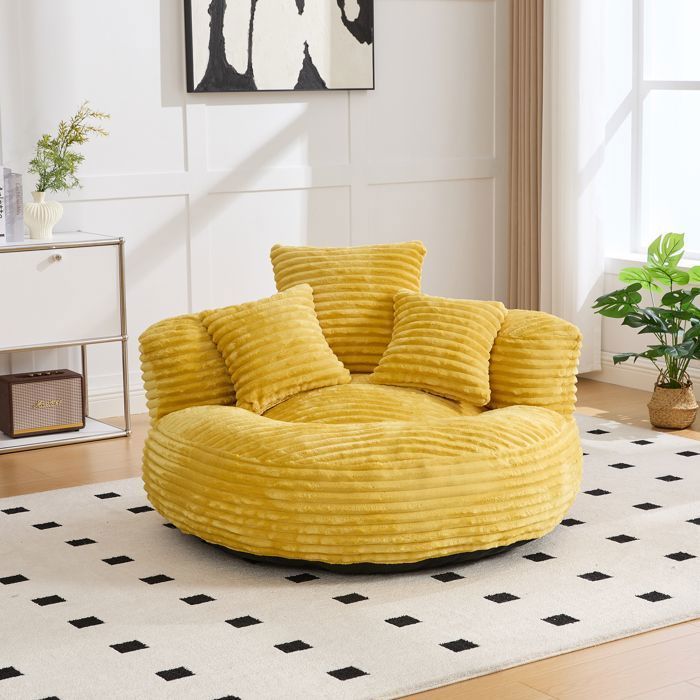 Comoda poltrona a sacco con tre cuscini, 108 x 108 x 52 cm. Divano relax per soggiorno e camera da letto. Poltrona in velluto a coste. Colore giallo.