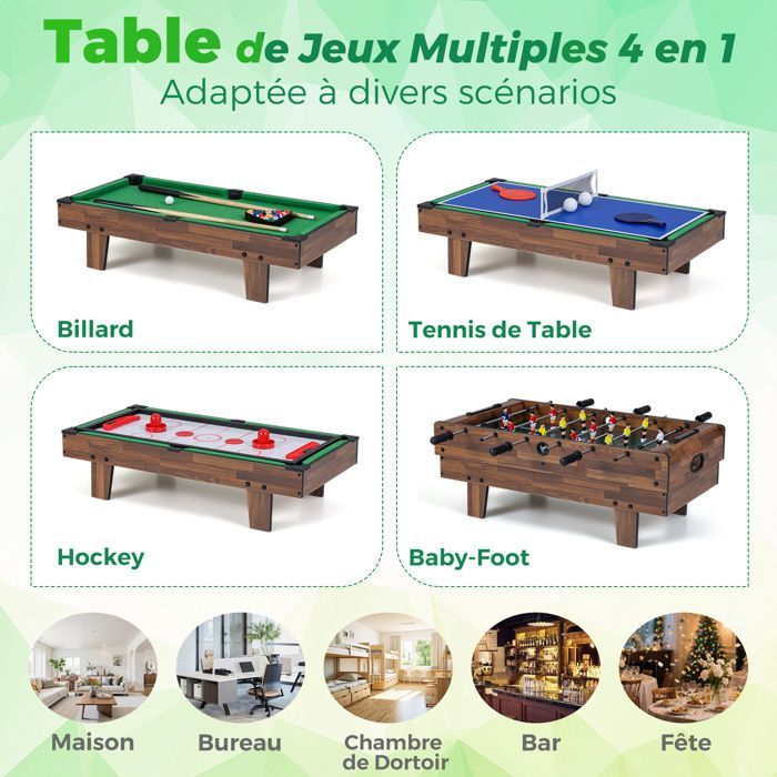 COSTWAY 4-in-1 Tafelvoetbaltafel - Biljart, Pingpong, Hockey - Complete accessoires - Stapelbaar speeloppervlak - 81 x 43 cm - Thuis, Bar - Bruin