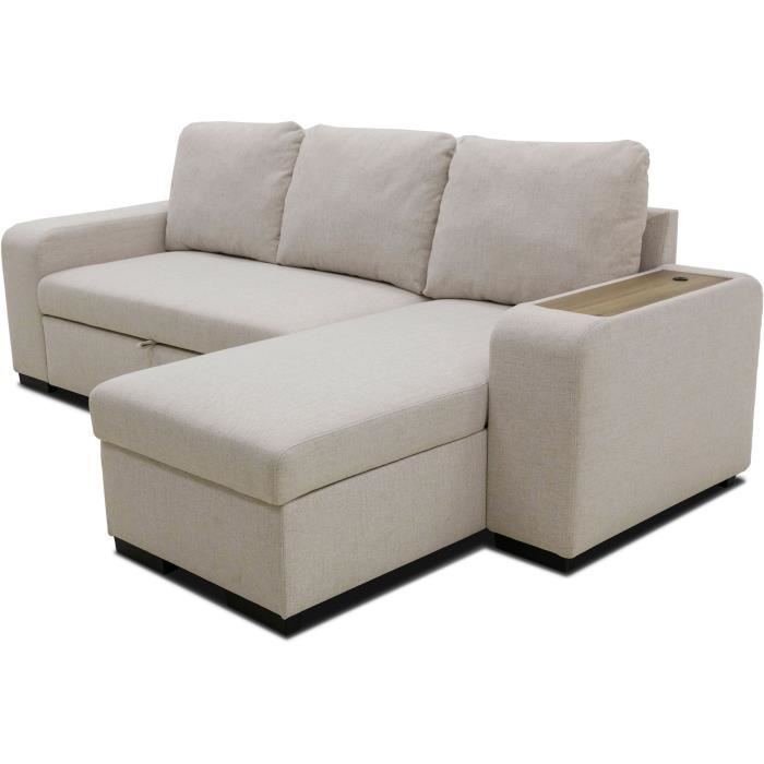 VALDO 3-4-zits omkeerbare hoekbank met slaapfunctie - Beige stof - Tablet met USB-poort - Opbergruimte + poef - B247xD143xH86 cm