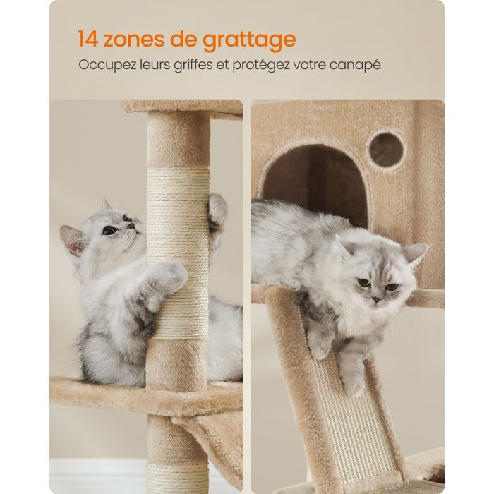 Arbre à Chat, Hauteur 206 cm, avec 13 Griffoirs, 2 Plate-forme, 2 Niches, Panier, Hamac, Pompon, Tissu Peluche, Marron Camel