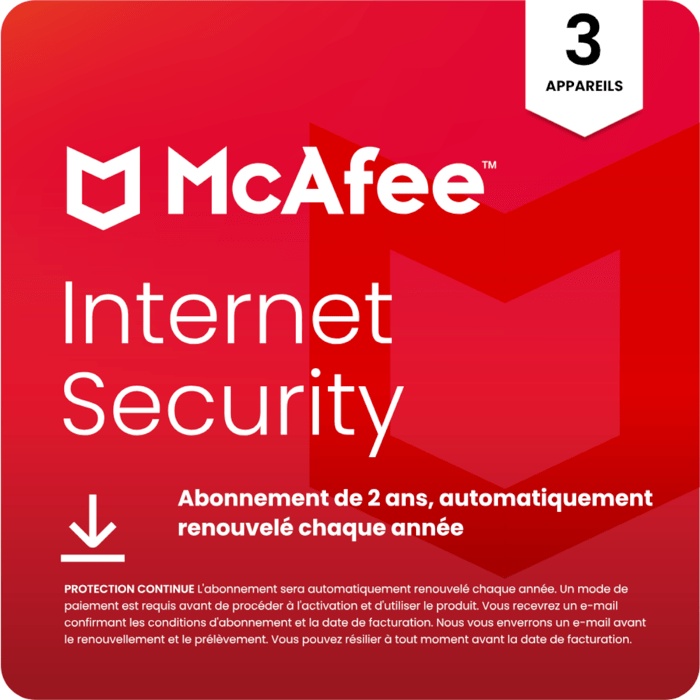 McAfee Internet Security pour 3 appareils | Abonnement de 2 ans, renouvellement automatique annuel