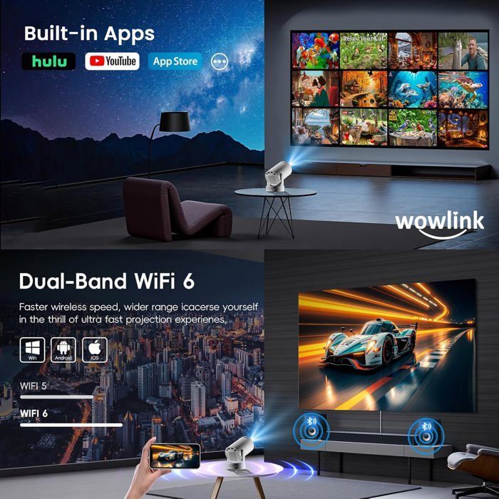 Miniproyector portátil 4K, Wifi 6, Bluetooth 5.4, corrección trapezoidal automática de 180°, aplicaciones integradas, HDMI/TV Stick/USB/PC/PS5 – Blanco