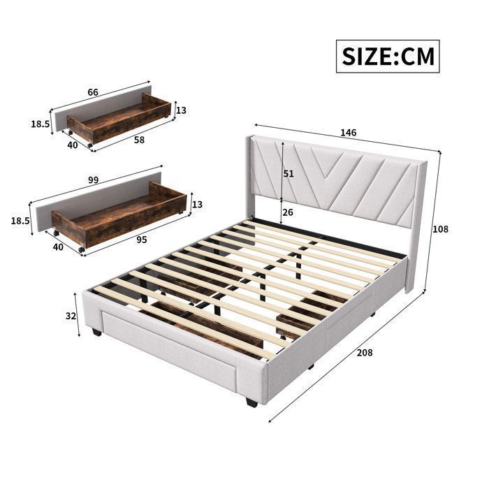 Lit adulte 140x190 cm - COZY - lit 140x190 cm - cadre de lit double 140x190 cm - sommier - tissu en lin - beige