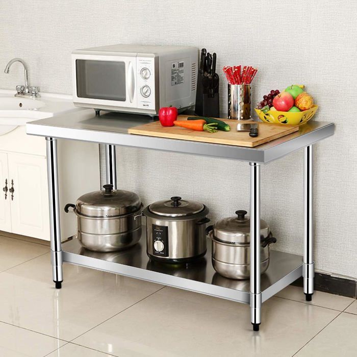 Mesa de trabajo de cocina COSTWAY de acero inoxidable con estante central ajustable, 91,5 x 61 x 90 cm, carga máxima 150 kg, encimera de acero inoxidable.