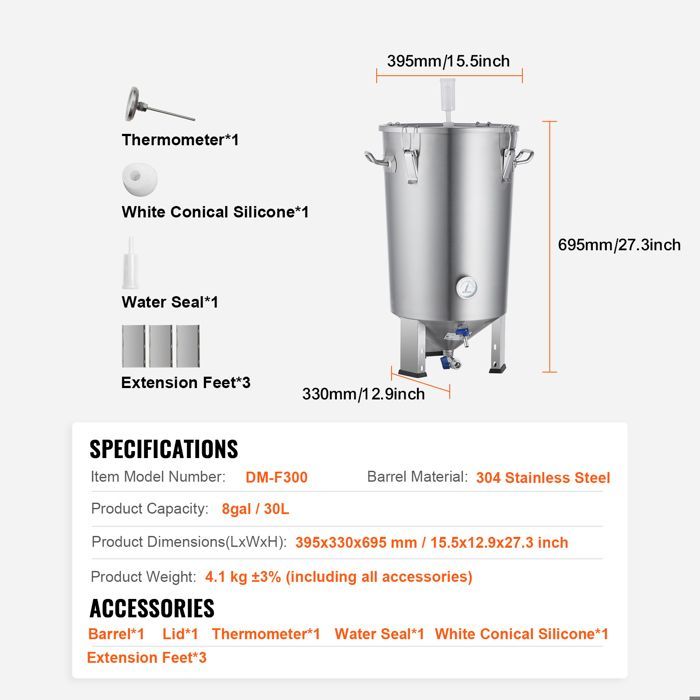 Bollitore in acciaio inox 304 - Duoku - Fermentatore per birra da 8 galloni - Kit per la produzione casalinga di birra con base, coperchio e maniglia