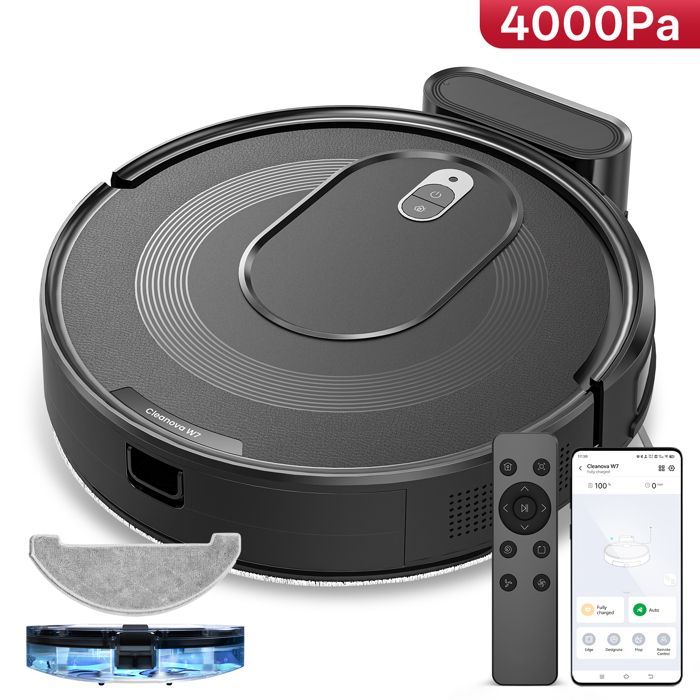Vactidy Cleanova W7 - Robot aspirapolvere e lavapavimenti 3 in 1 da 4000 Pa - Autonomia di 120 minuti - Compatibile con Alexa/App/IFTTT - Ultra silenzioso a 55 dB