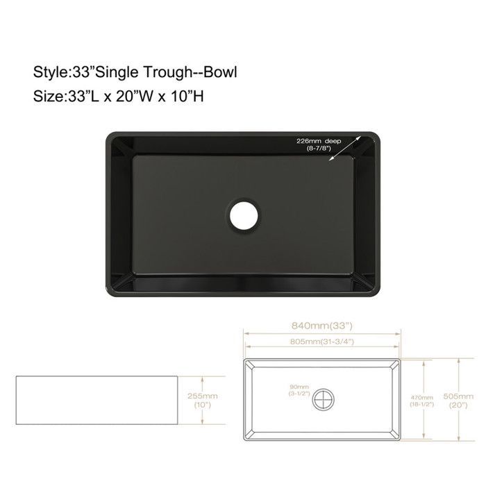 Fregadero de cocina estilo granja MEJE negro de 84 x 54,8 cm - Fregadero de cerámica de un solo seno estilo granja - Delantal negro mate