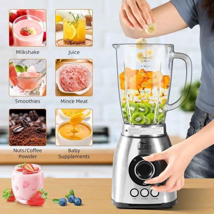 Uten 2L Smoothie Blender - 1800W Multifunctional Smoothie Blender - 18 Speeds - 6 Stainless Steel Blades