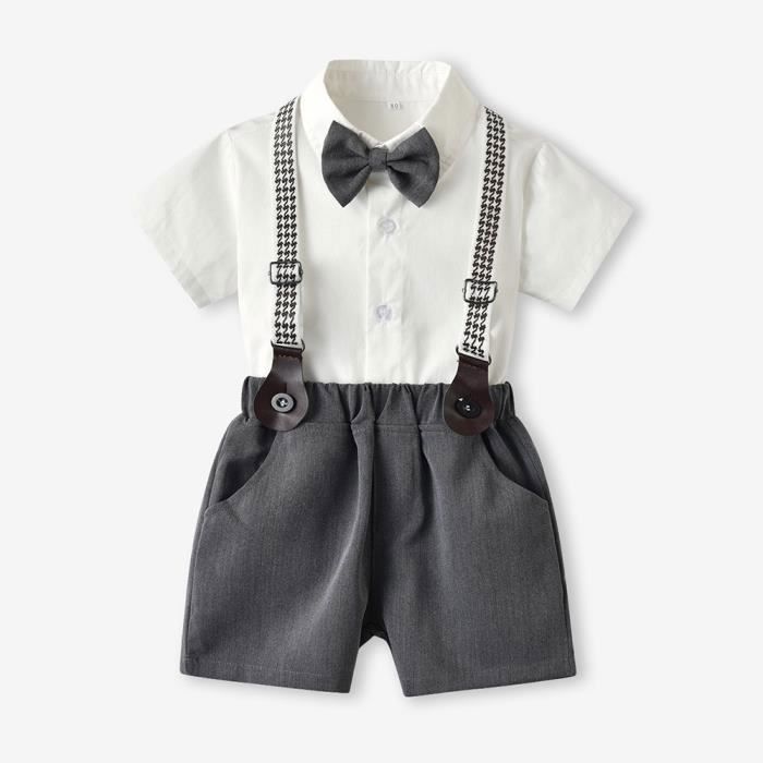 Ensemble de Vêtements Bébé Garçon Mariage Baptême Costume Ceremonie Chemise Avec Nœud Papillon Short à Bretelles - Gris