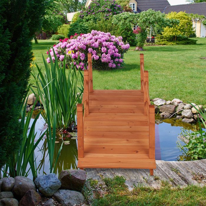 Puente para estanque Relaxdays con balaustrada, pasarela, decoración de jardín, madera, 56 x 140 x 60 cm, color naranja.