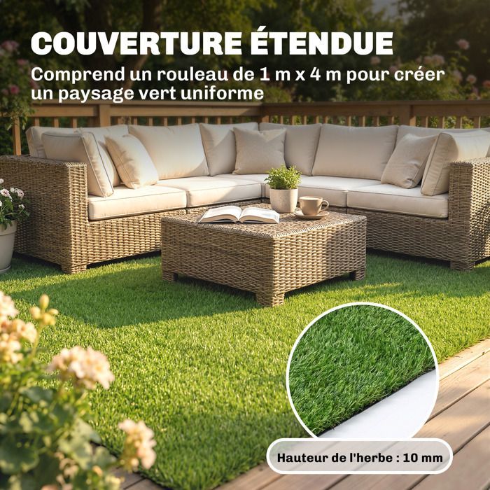 Césped sintético - césped artificial - Outsunny - autodrenante para jardín, patio o uso exterior - PP - 400x100x2.5cm - verde