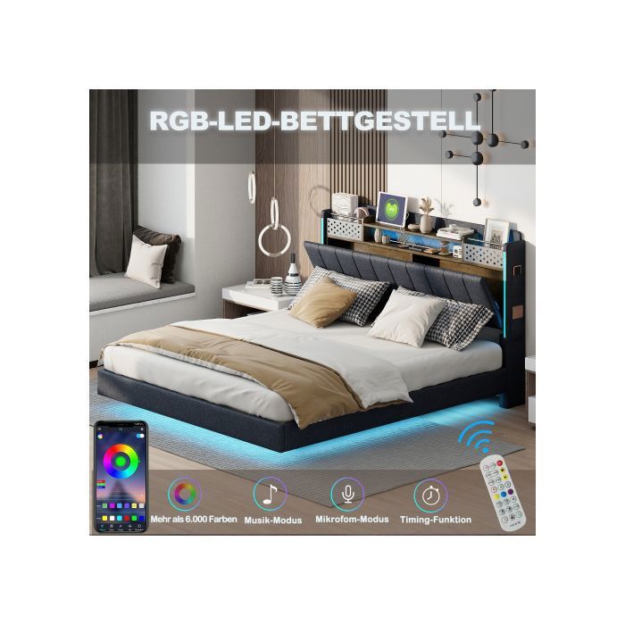 Lit double - 160x200 - Rangement avec tiroirs - Tête de lit multifonctionnelle avec LED - Lin gris