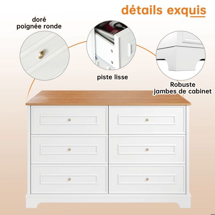 ELVMI Buffet et Enfilade 6 Tiroirs, Grand Plateau - ELVMI - Campagne pour Salon Entrée MDF Blanc et Naturel 120×40×76 cm