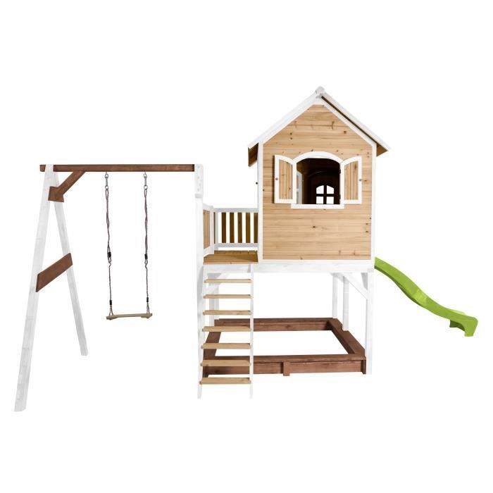 AXI Liam Children's Playhouse with Sandpit, Swing & Slide, Light Green | Outdoor Play Area in Brown & White