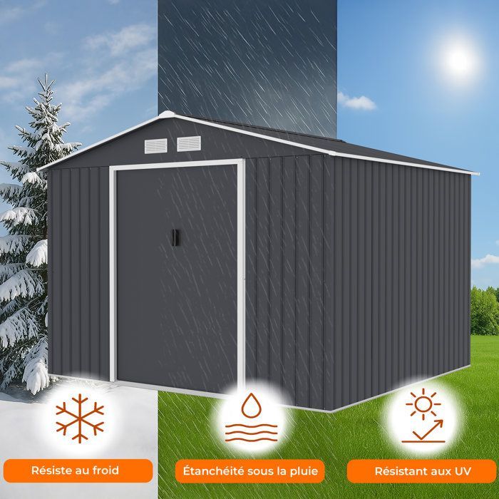 7,06 m² Metalen tuinschuur - 277 x 255 x 202 cm - MERCURE - Inclusief verankeringsset, 2 schuifdeuren - Grijs