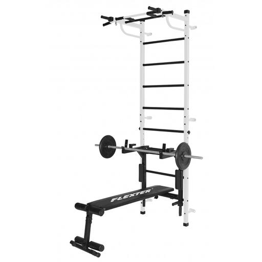 3-in-1 Wand-Fitnessgerät für Erwachsene mit Sprossenwand, Dip-Barren, Klappbank und Klimmzugstange