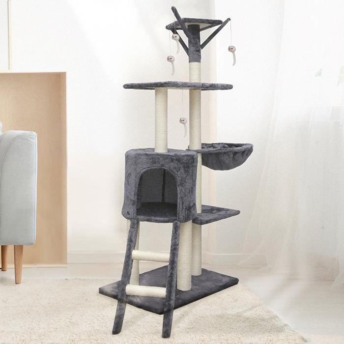 JIPSY Gråt Kradsetræ 79 x 34 x 138 cm - 3 platforme, 1 siddeplads, 1 skjulested, 1 trappe, kradsetræer