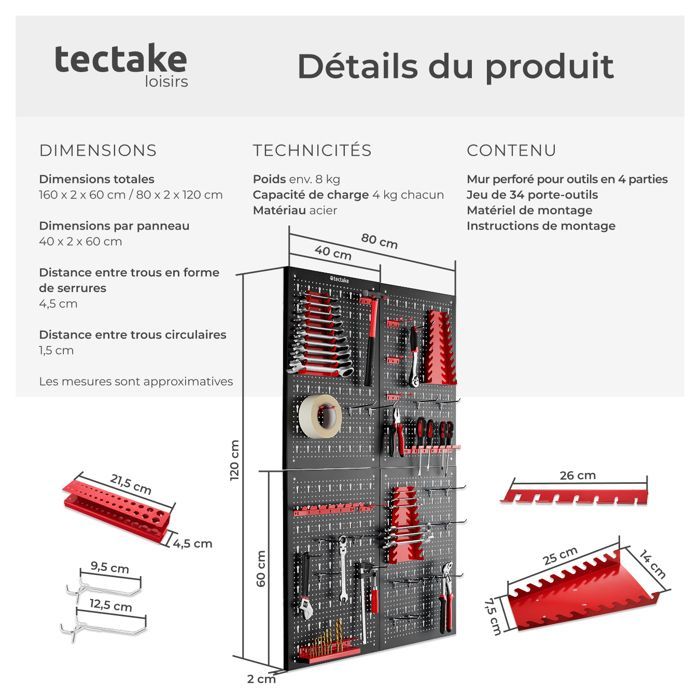 Almacenamiento de herramientas - TECTAKE - Juego de 4 paneles de acero perforado JONAH para un práctico almacenamiento de herramientas con ganchos incluidos.