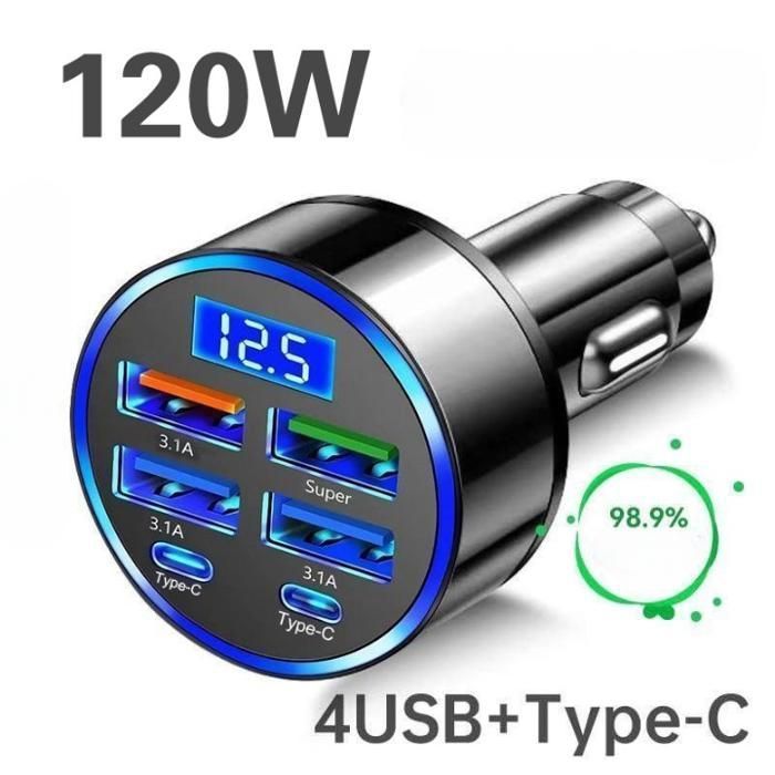 Chargeur de voiture 6 en 1 - 120W à affichage numérique – USB & Type-C, charge ultra rapide PASHASHOP