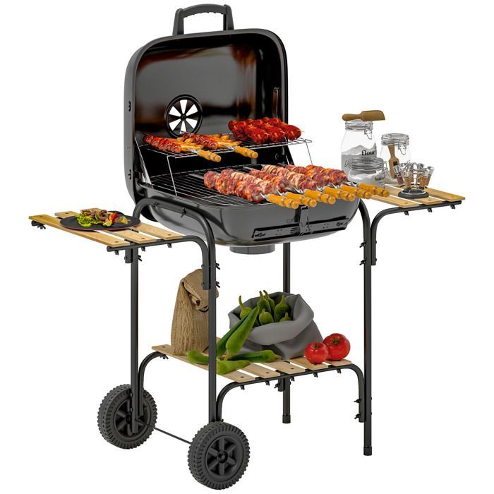 Barbacoa de carbón Outsunny - Superficie de cocción de 1840 cm² - Con parrilla, tapa, estantes y ruedas - Negra